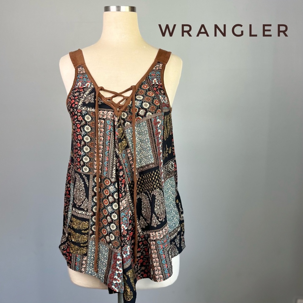 WRANGLER Small Handkerchief Hem Lightweight Brown and Blue Patchwork Tank Top